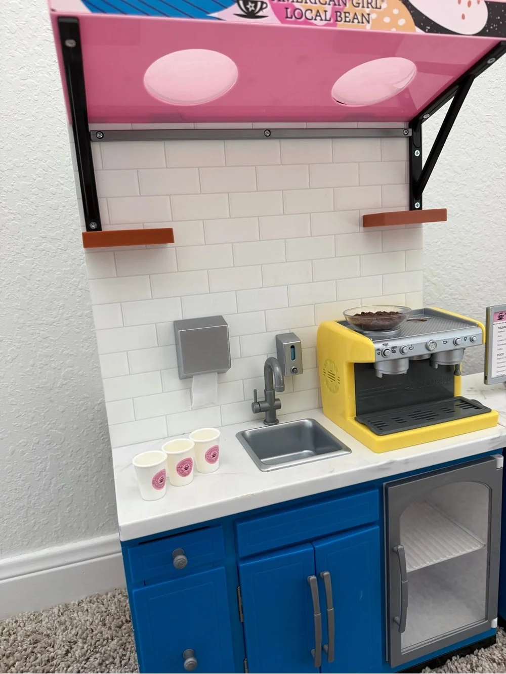 American Girl Yellow Espresso Machine and Blue Doll Café Counter Set